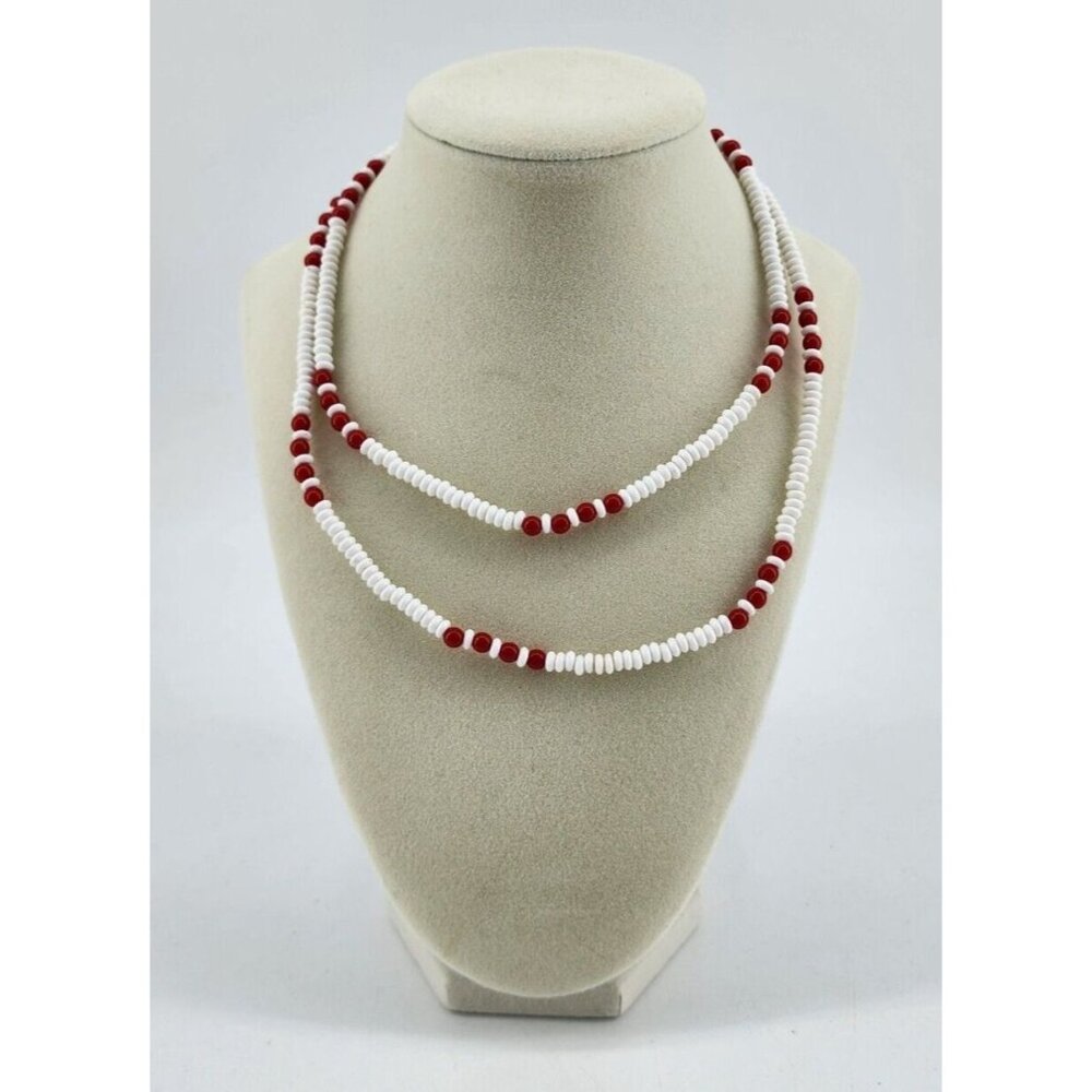 Vintage Signed Monet Red/White Acrylic Beaded Long Necklace Gold Tone Hardwear‎